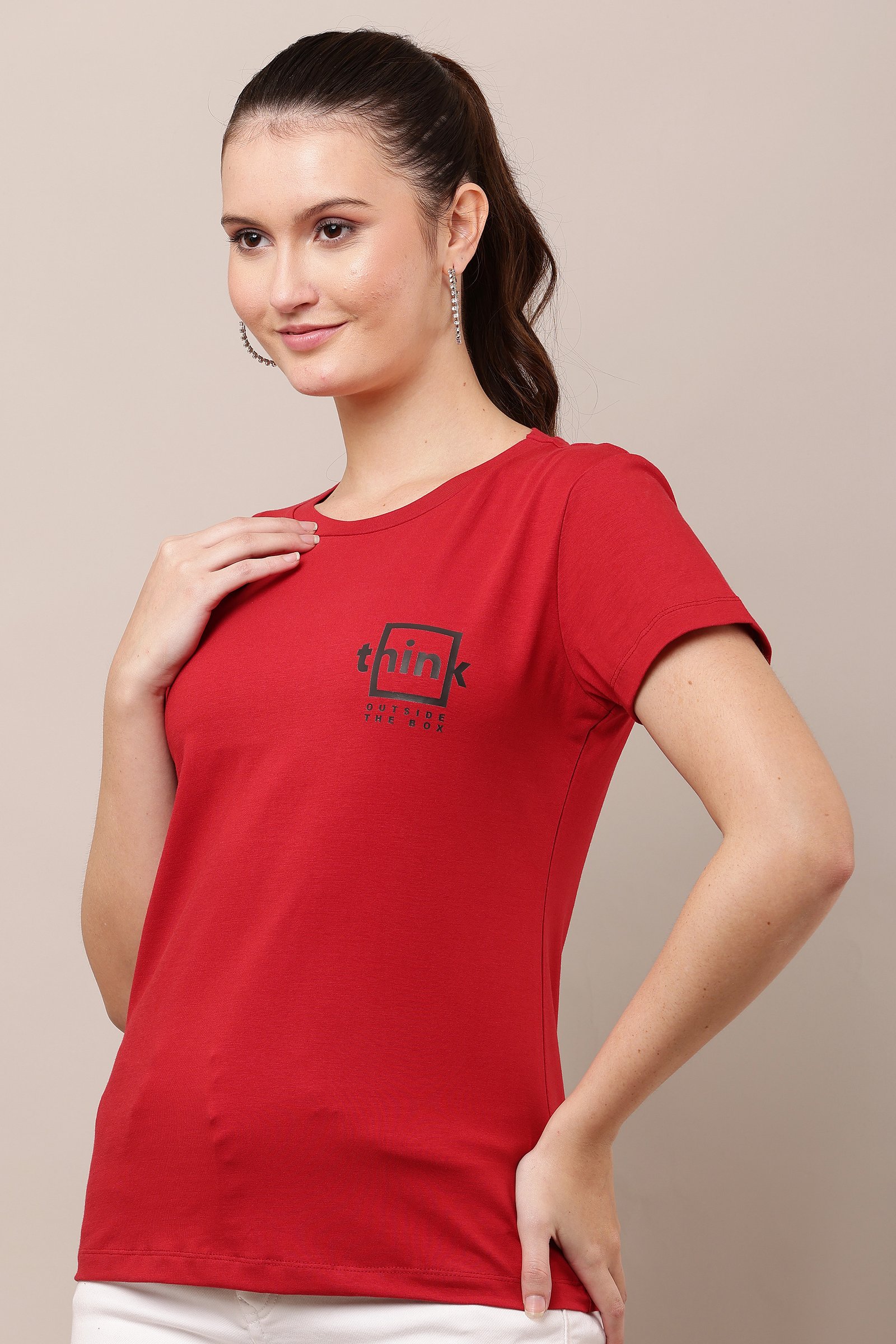 Women's Cotton red Lycra 4-Way Stretch T-Shirt MAROON