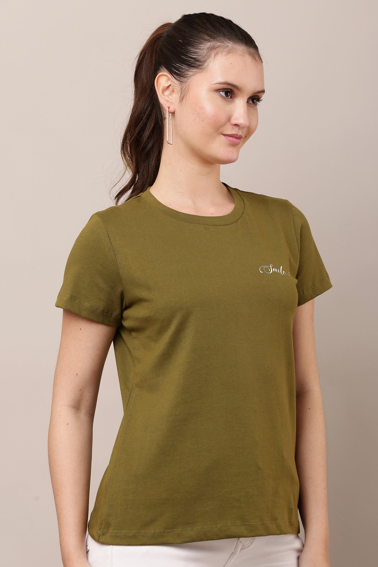 Women's Cotton green Lycra 4-Way Stretch T-Shirt GREEN