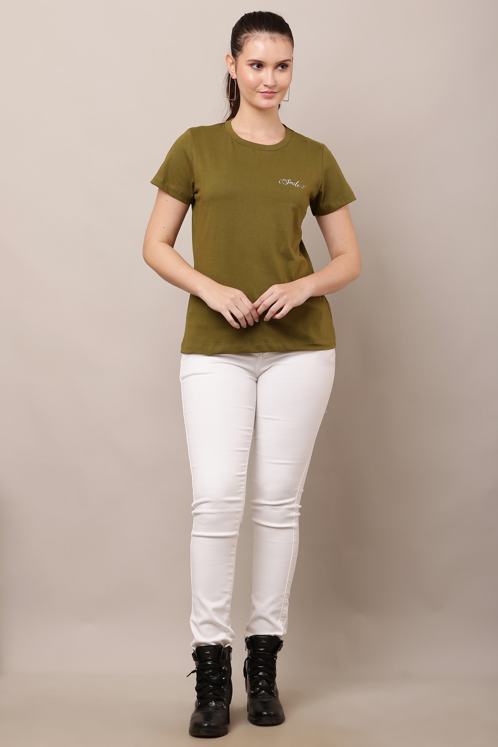 Women's Cotton green Lycra 4-Way Stretch T-Shirt GREEN