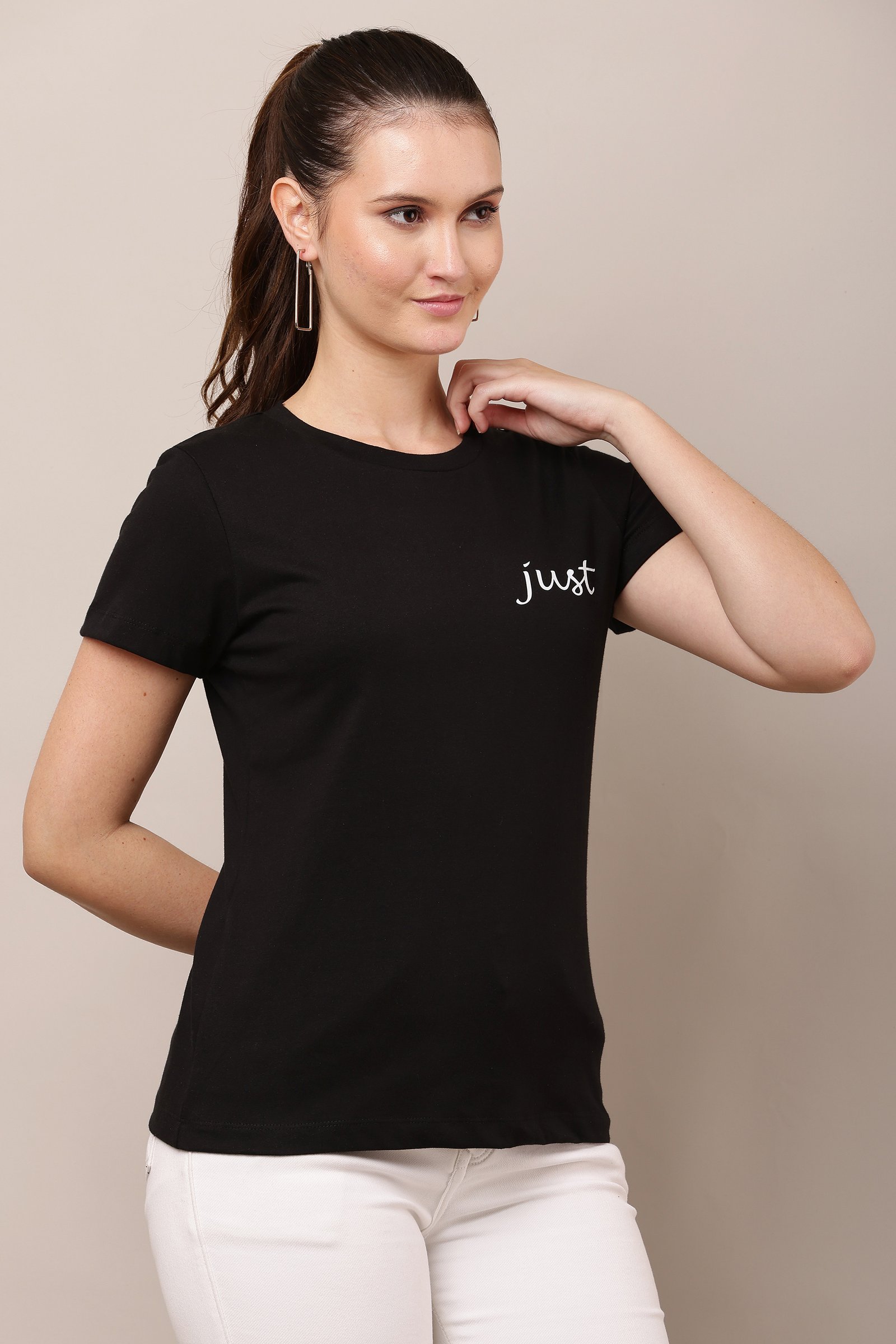 Women's Cotton black Lycra 4-Way Stretch T-Shirt BLACK
