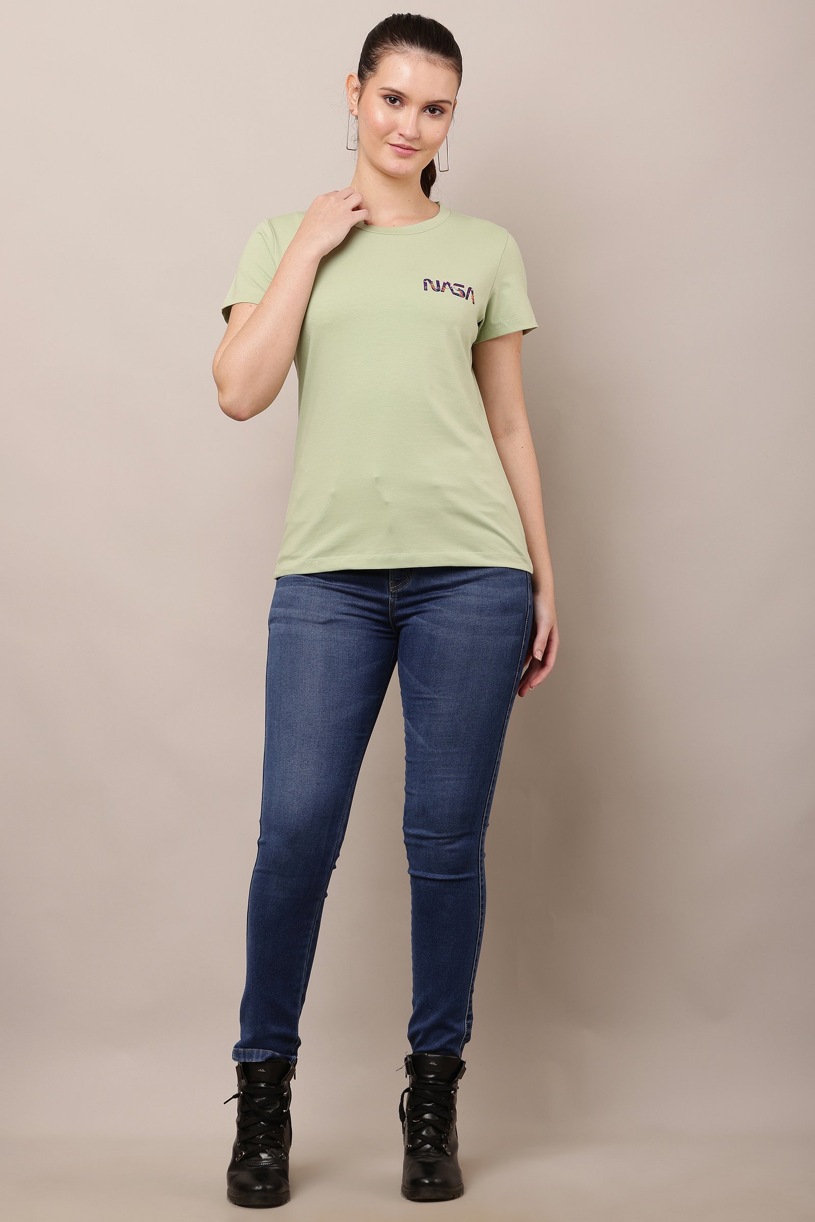 Women's Cotton light green Lycra 4-Way Stretch T-Shirt LIGHT GREEN