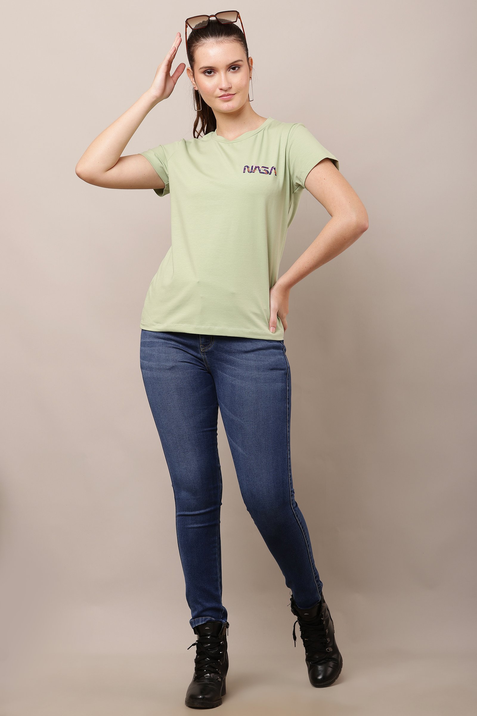 Women's Cotton light green Lycra 4-Way Stretch T-Shirt LIGHT GREEN
