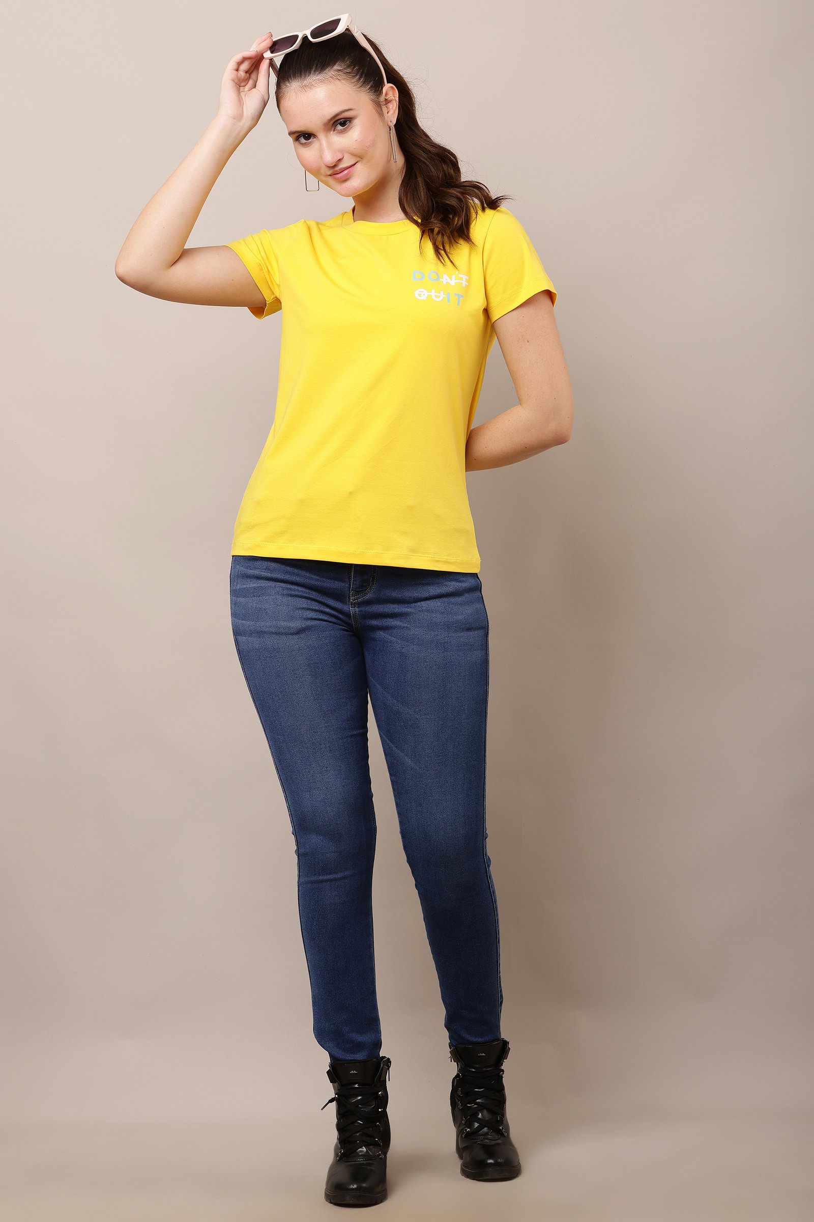 Women's Cotton yellow Lycra 4-Way Stretch T-Shirt YELLOW