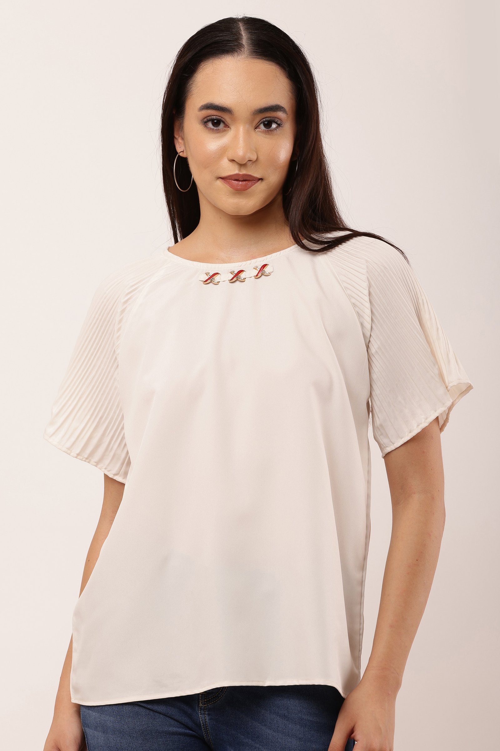 Women Stylish Poly Crepe Top OFF WHITE