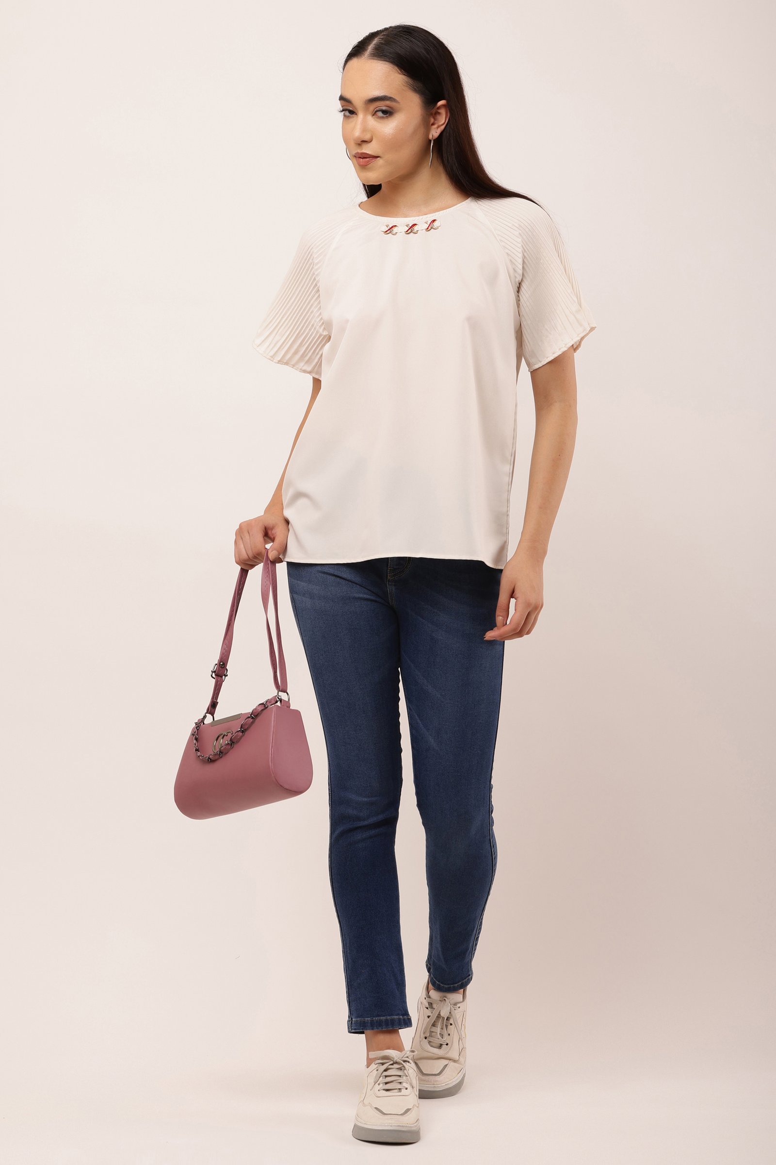 Women Stylish Poly Crepe Top OFF WHITE